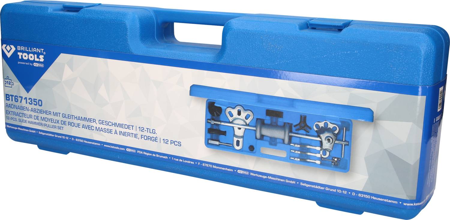 Blauwe gereedschapskoffer met inhoud, 12-delig. Bevat schuifhamer, geschikt voor auto-reparaties. Merk: Brilliant Tools.
