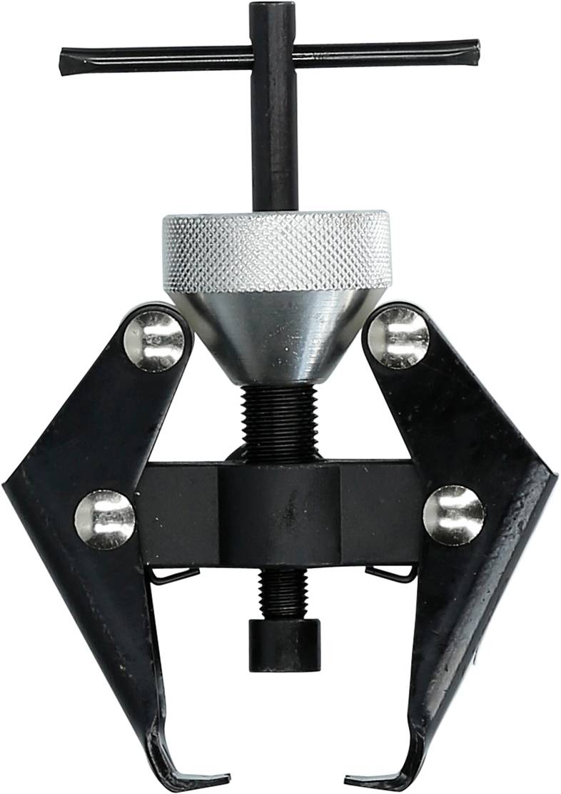 Trekker met twee zwarte armen en zilveren handgreep, voor het verwijderen van lagers of tandwielen. Centrale schroef voor nauwkeurige afstelling.