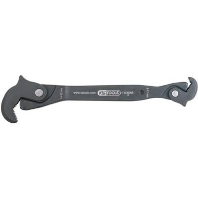 Zwarte pijptang met twee verstelbare grijptangen, geschikt voor buisdiameters van 8-17 mm en 14-32 mm, merk 'KS Tools'.