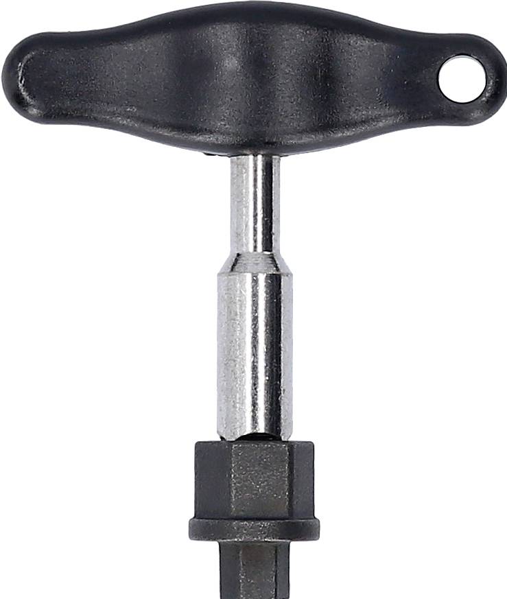 Een zwarte kunststof krukhendel met een zilveren metalen steel, gebruikt om aan te spannen of los te maken, tegen een witte achtergrond.