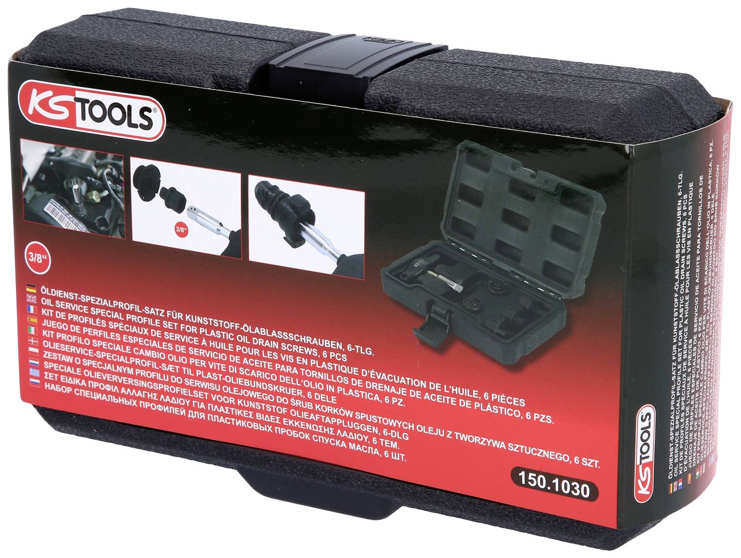 Zwarte gereedschapskoffer 'KS Tools Oliewissel-specialistenpakket', bevat gereedschappen voor kunststof olieaftappluggen, 6-delig.