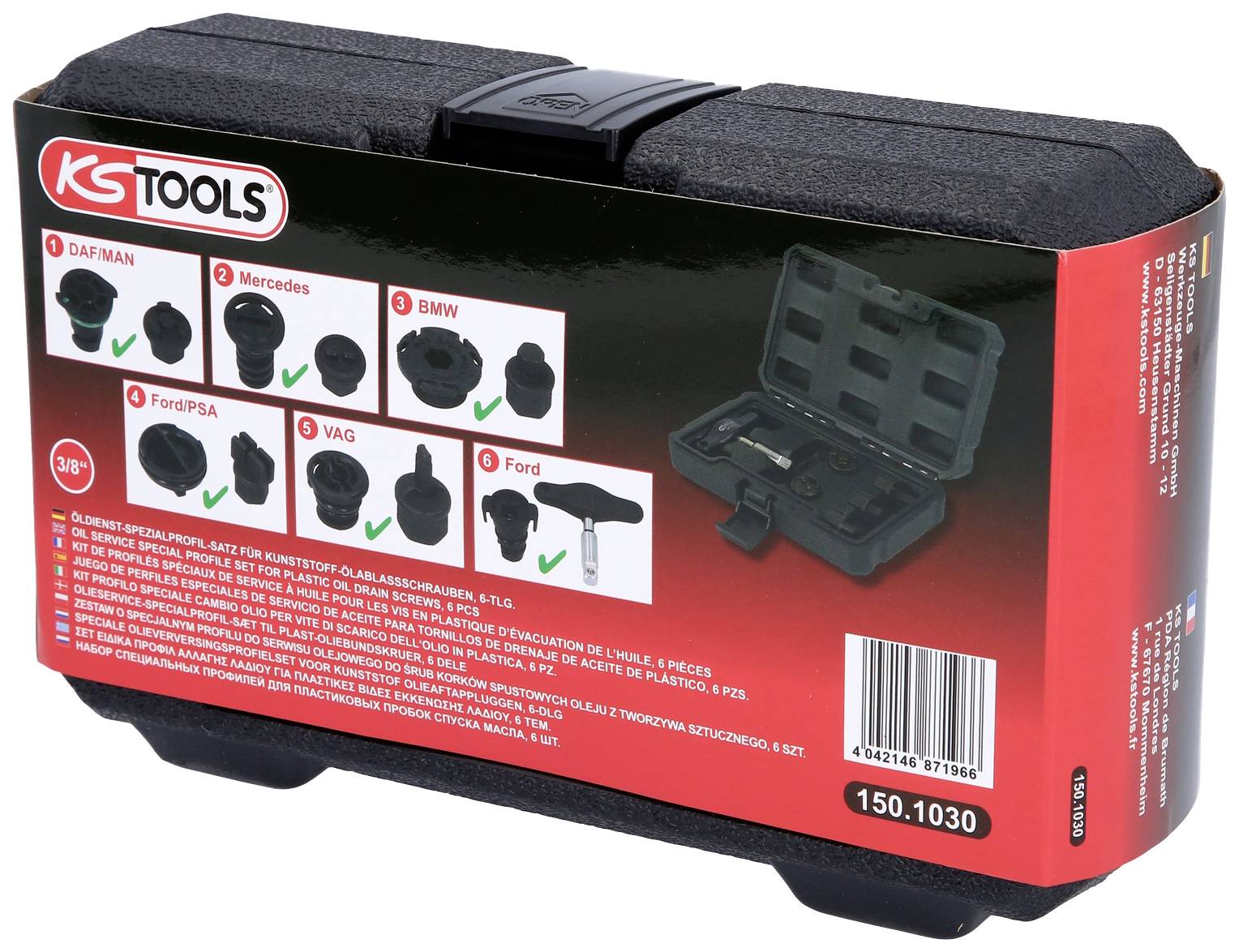 Gereedschapskoffer van KS Tools met verschillende adapters voor merkvoertuigen zoals DAF, Mercedes, BMW, Ford en VAG.