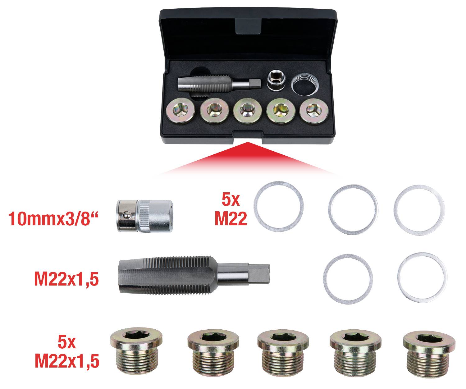 Set bestaande uit een draadtap, adapter en vijf holle schroeven M22 en M22x1,5, met bijbehorende pakkingen, in een zwarte doos.