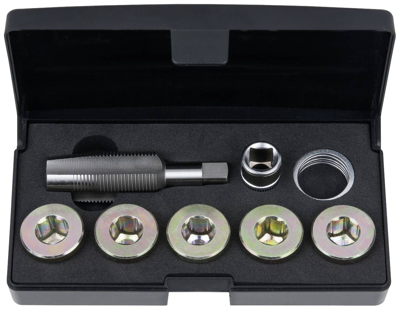Een set van zes ronde draadsnijders en een draadtap, gepresenteerd in een zwarte doos op zwart schuim.