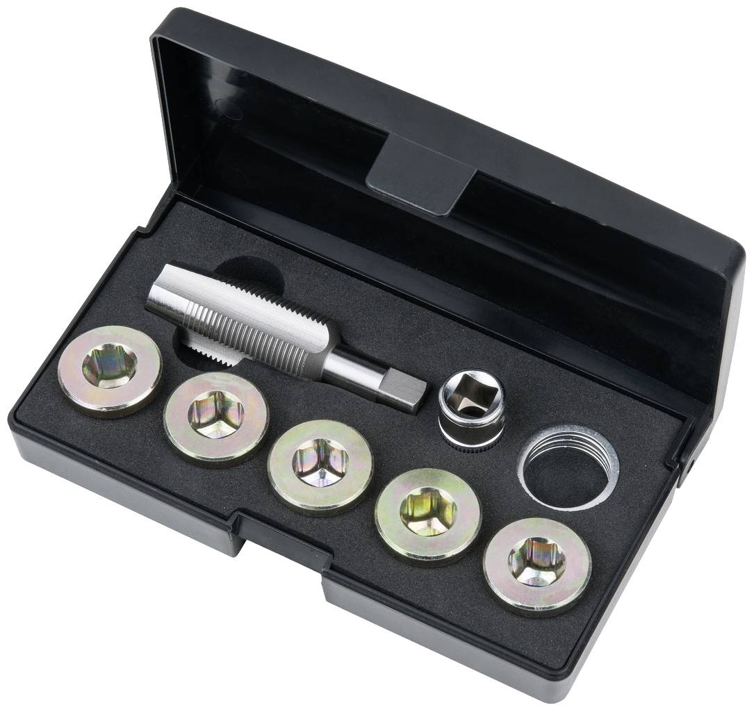 Een set dopsleutelverwijderaars in een open zwarte doos, met verschillende maten en een metalen extractiegereedschap.