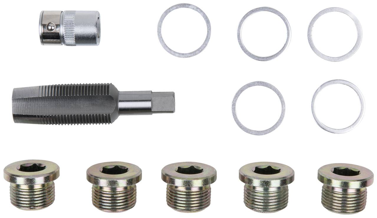 Een set bestaande uit een schroefdraadtap, een adapter, vier sluitringen en vier bussen, die worden gebruikt voor reparatie van bougieschroefdraad.