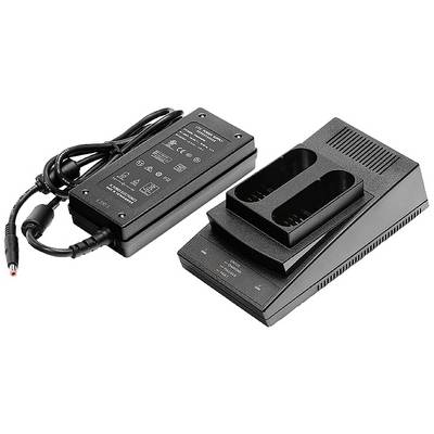Een oplader met voedingsadapter en kabel, geschikt voor batterijen. Het apparaat heeft twee laadsleuven met indicatielampjes.