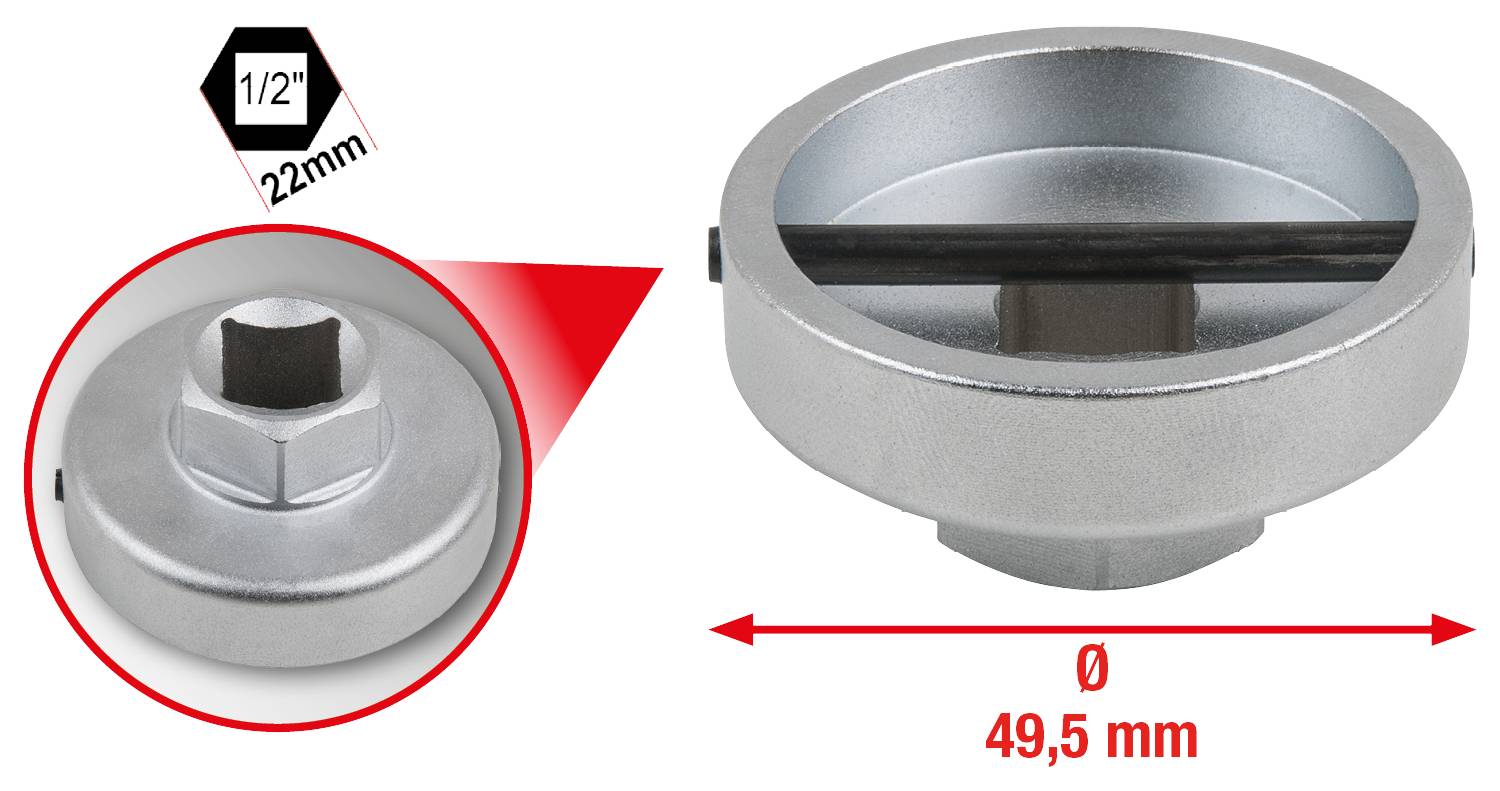 'Oliefiltersleutel, 49,5 mm diameter, 1/2 inch aandrijving, 22 mm zeskant.'