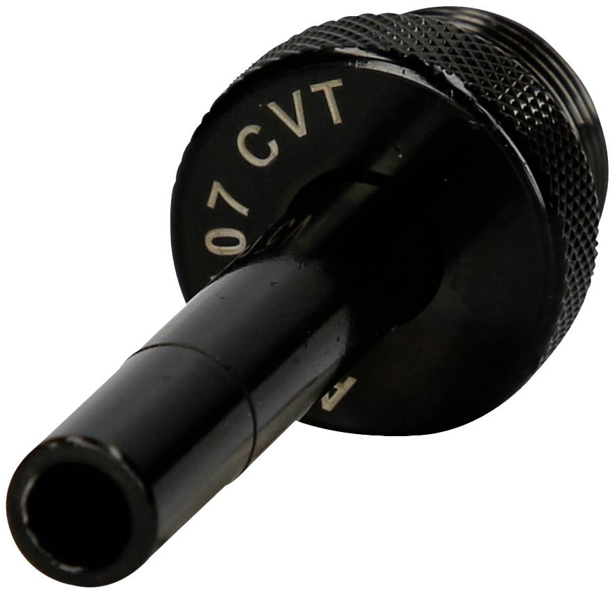 Een zwarte autoventiladapter, cilindrisch met een geribbelde rand, gemerkt met '07 CVT', voor het meten van bandenspanning of ontluchting.