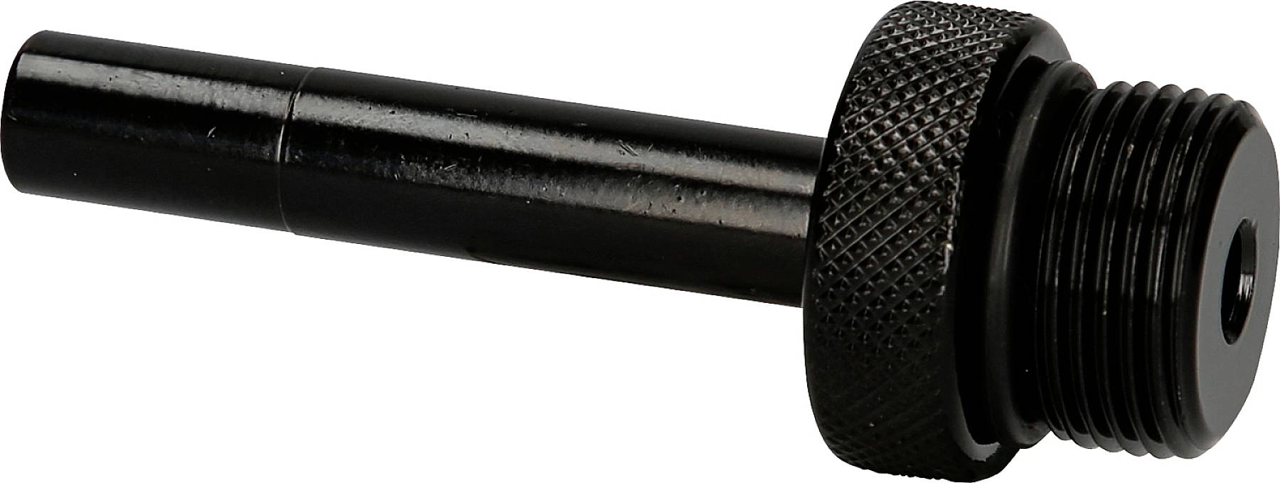 Een zwarte metalen adapter met gekartelde schroef, mogelijk een aansluitstuk voor technische of industriële toepassingen.