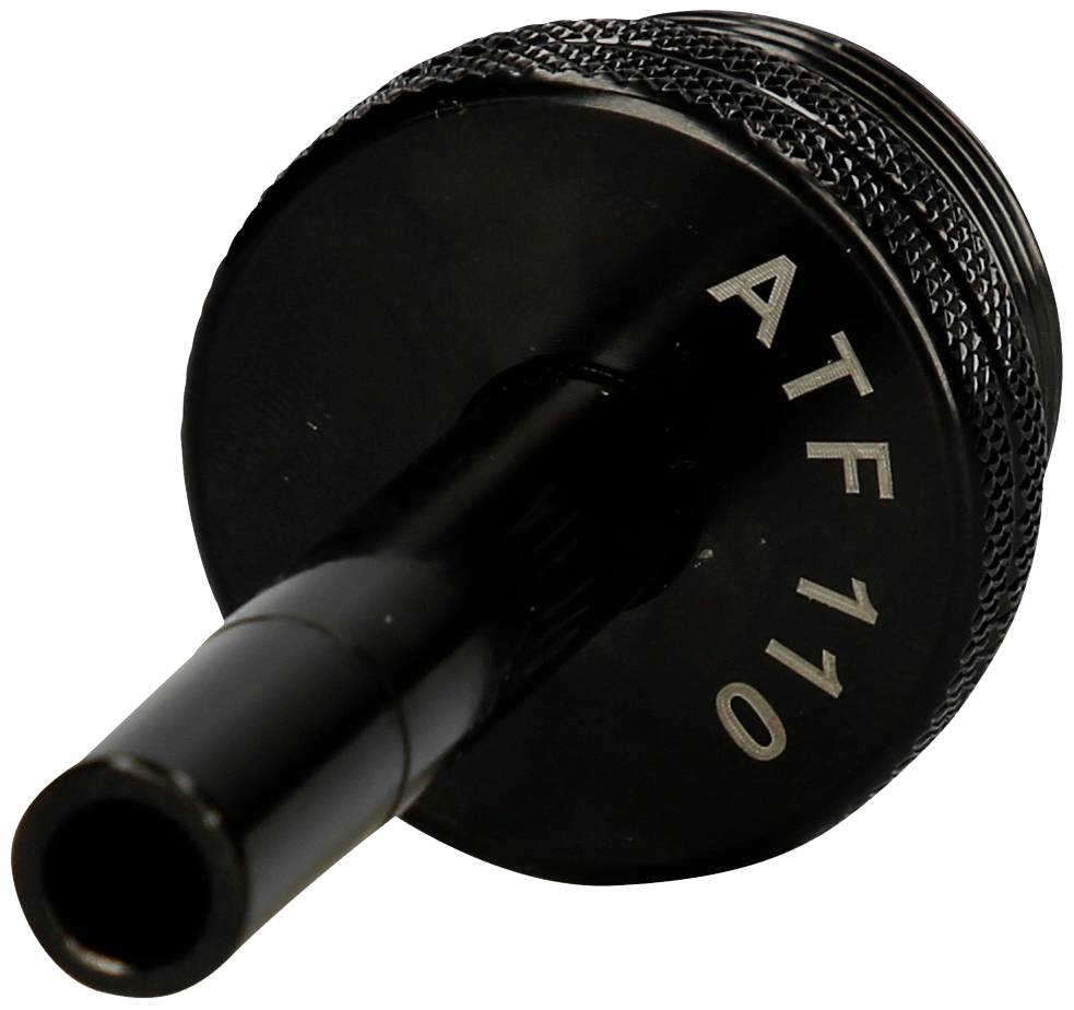 Een zwarte adapter met de opdruk 'ATF 110'. Hij heeft een geribde handgreep en een slanke uitloop.