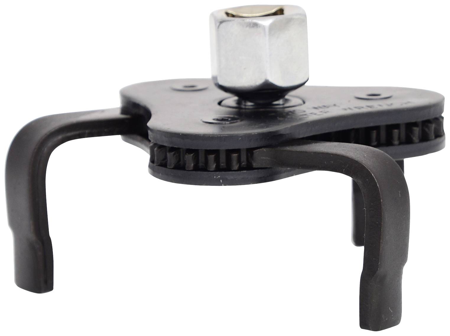 Oliefiltertang met drie verstelbare metalen grijparmen, voor eenvoudige verwijdering van oliefilters in automotoren.