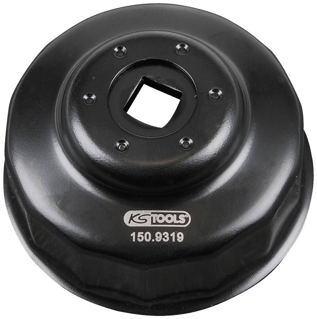 Een zwarte oliefiltersleutel met ronde vorm en vierkante opening in het midden, merk 'KS Tools', modelnummer '150.9319'.