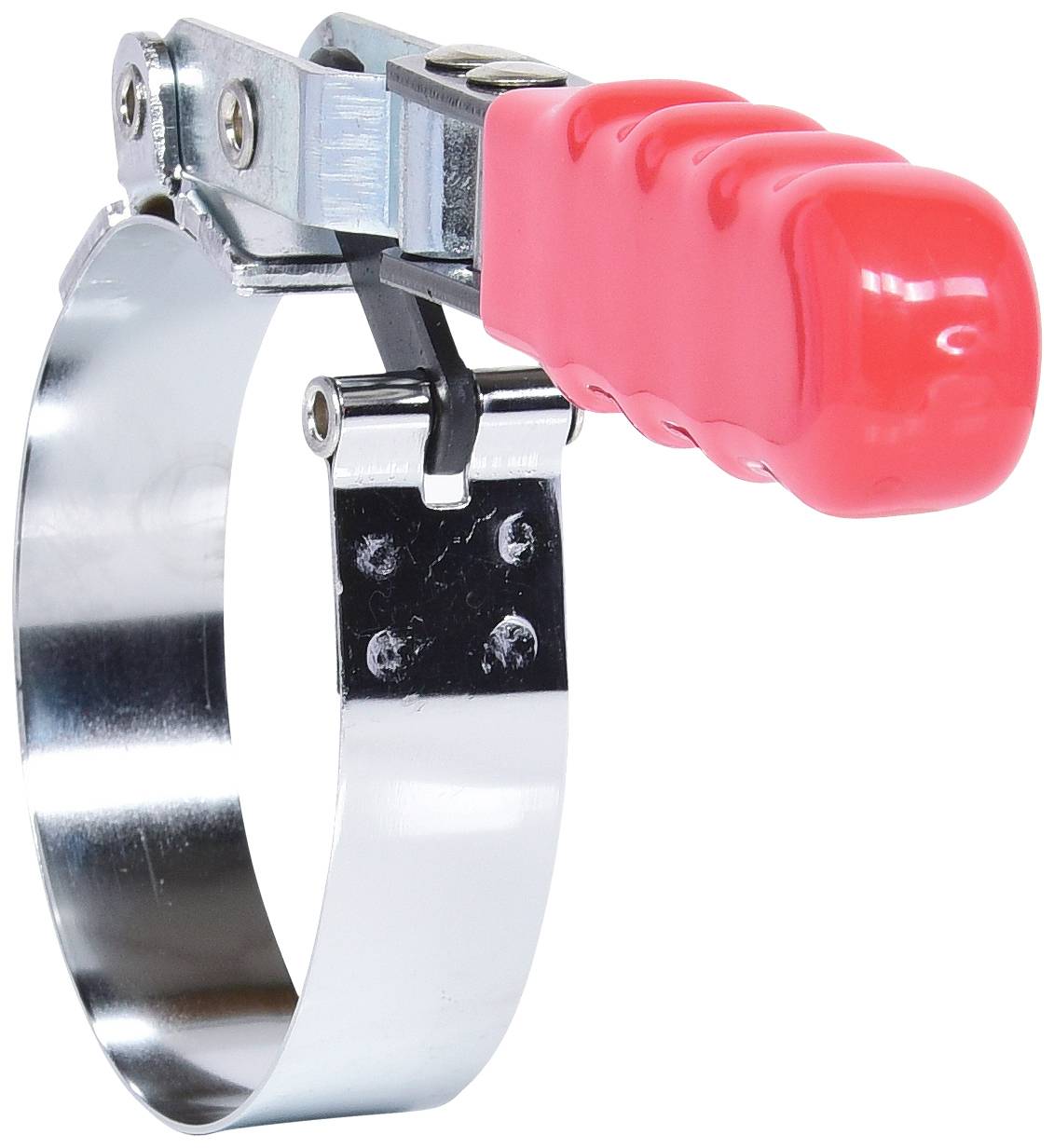 Een metalen klem met een rode handgreep, maakt het mogelijk om objecten te bevestigen of af te stellen door de metalen lus samen te trekken.