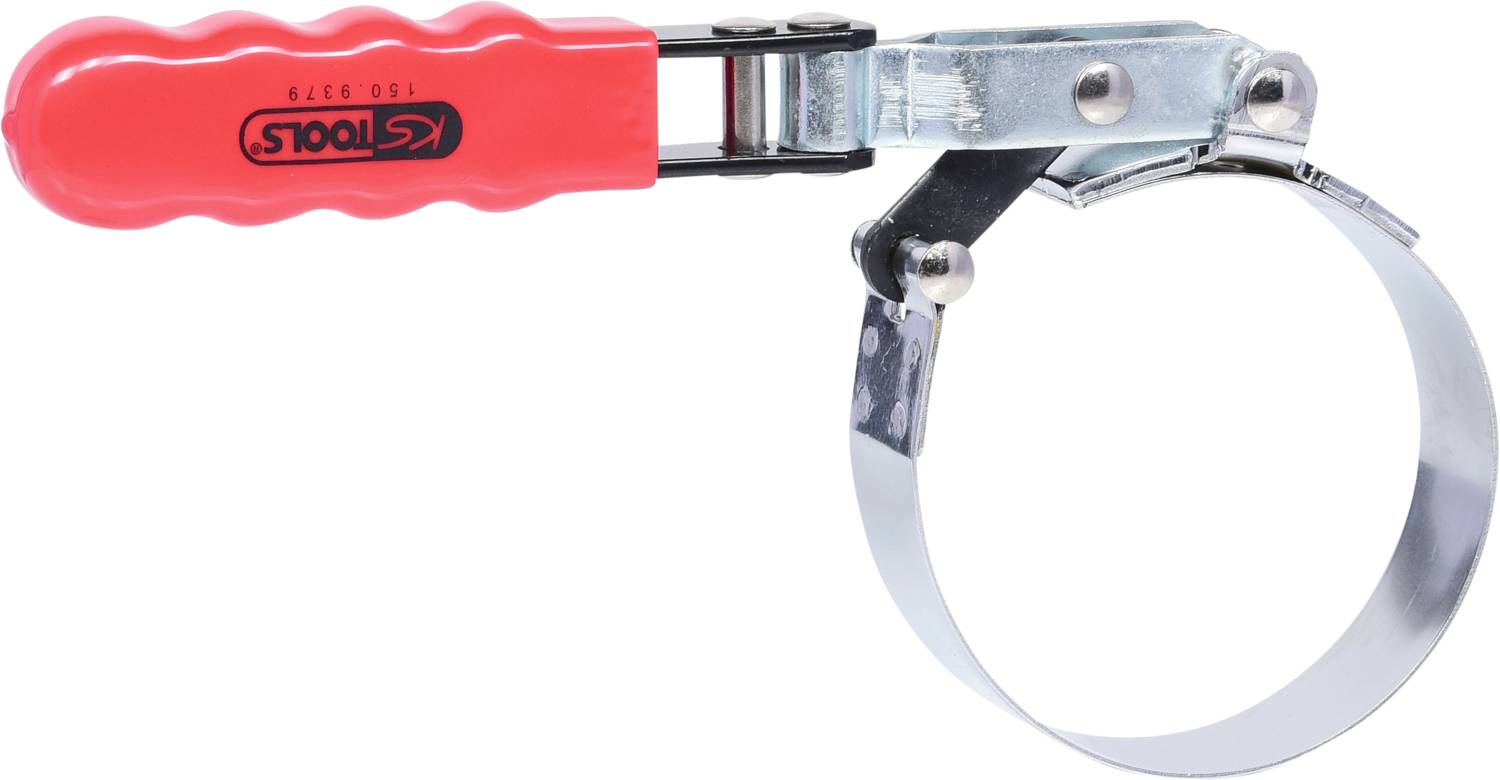 Tool with a red handle and metal band for loosening or tightening oil filters in engines. Suitable for repair work in workshops.