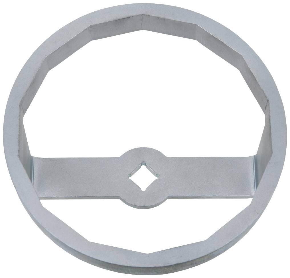 Een achthoekige metalen frame met een dwarsbalk en een vierkante opening in het midden, vermoedelijk een technisch onderdeel.