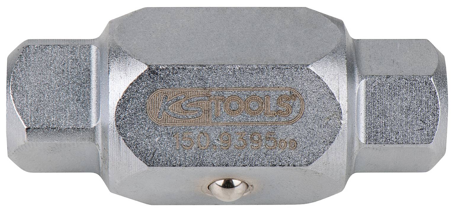 Een zilveren dubbele autoventielsleutel met de opdruk 'KS TOOLS 150.9395'.