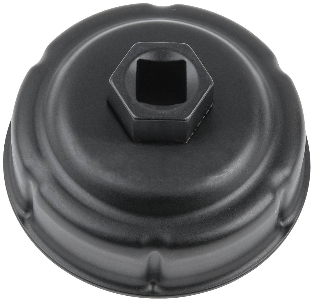 Een ronde, zwarte oliefiltersleutel met zeskante opening, ontwikkeld voor het losdraaien van oliefilters.