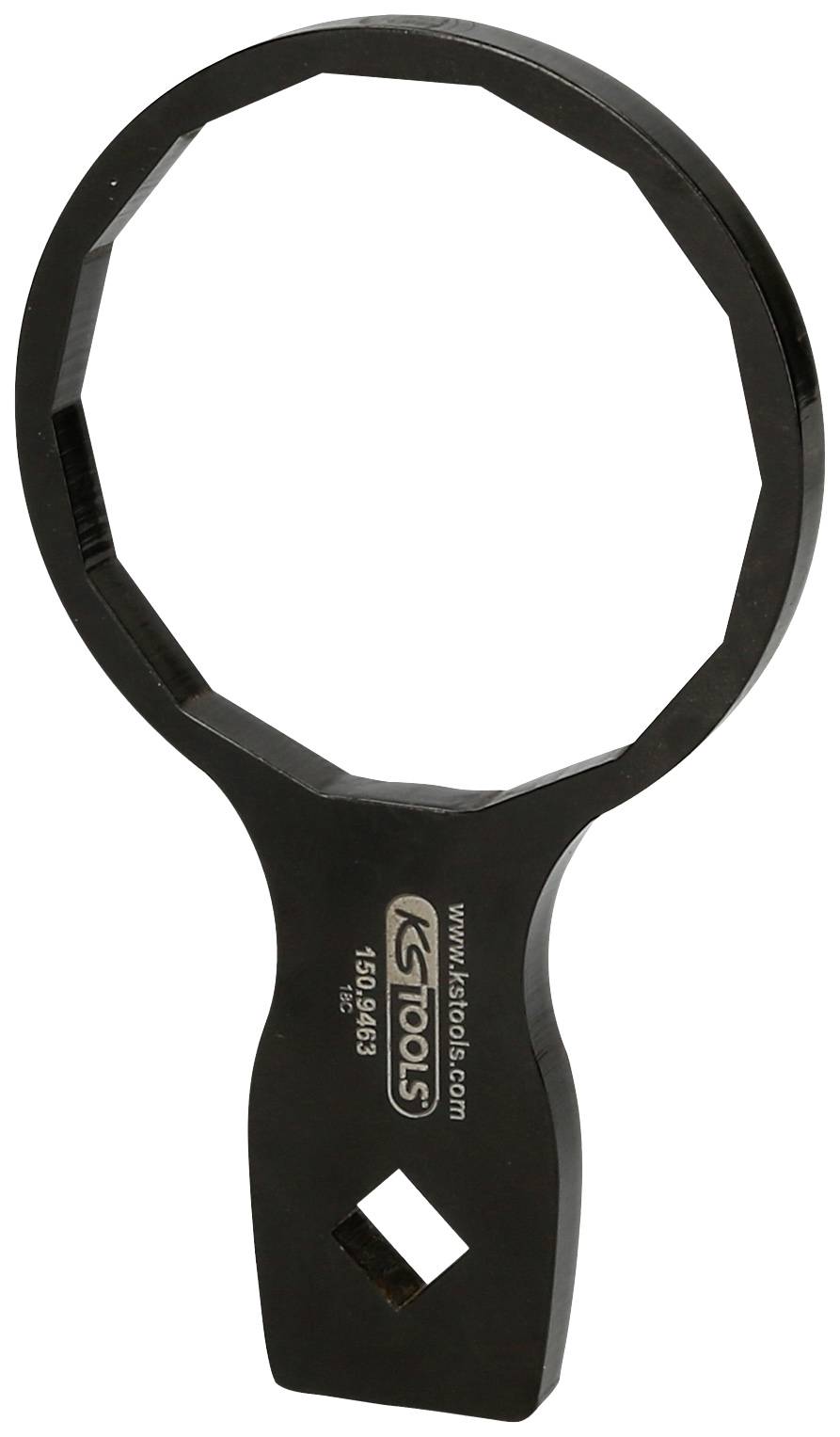 Een zwarte moersleutel met getande ring, speciaal gevormd voor mechanische werkzaamheden. Opschrift: 'KS Tools'.