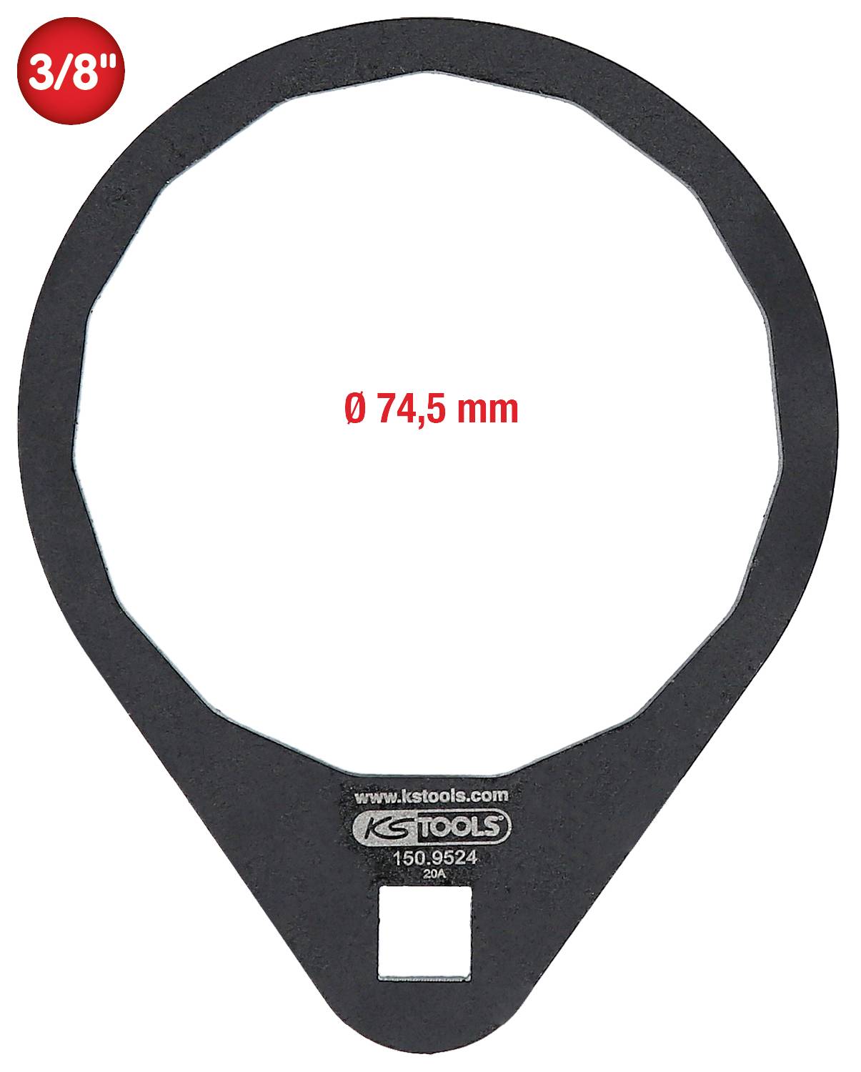Zwarte ringsleutel met 3/8'' symbool linksboven en opschrift 'Ø 74,5 mm' in het midden. Merk onderaan: 'KS TOOLS'.
