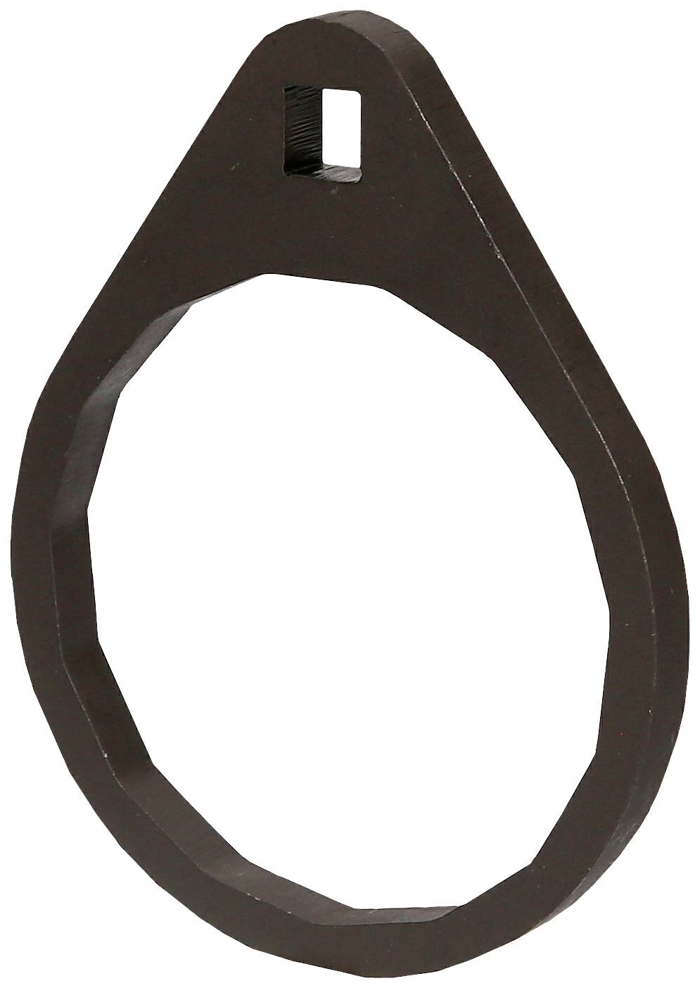 Een bruine, druppelvormige metalen ring met een rechthoekige gleuf aan de bovenkant. Voornamelijk decoratief of functioneel.