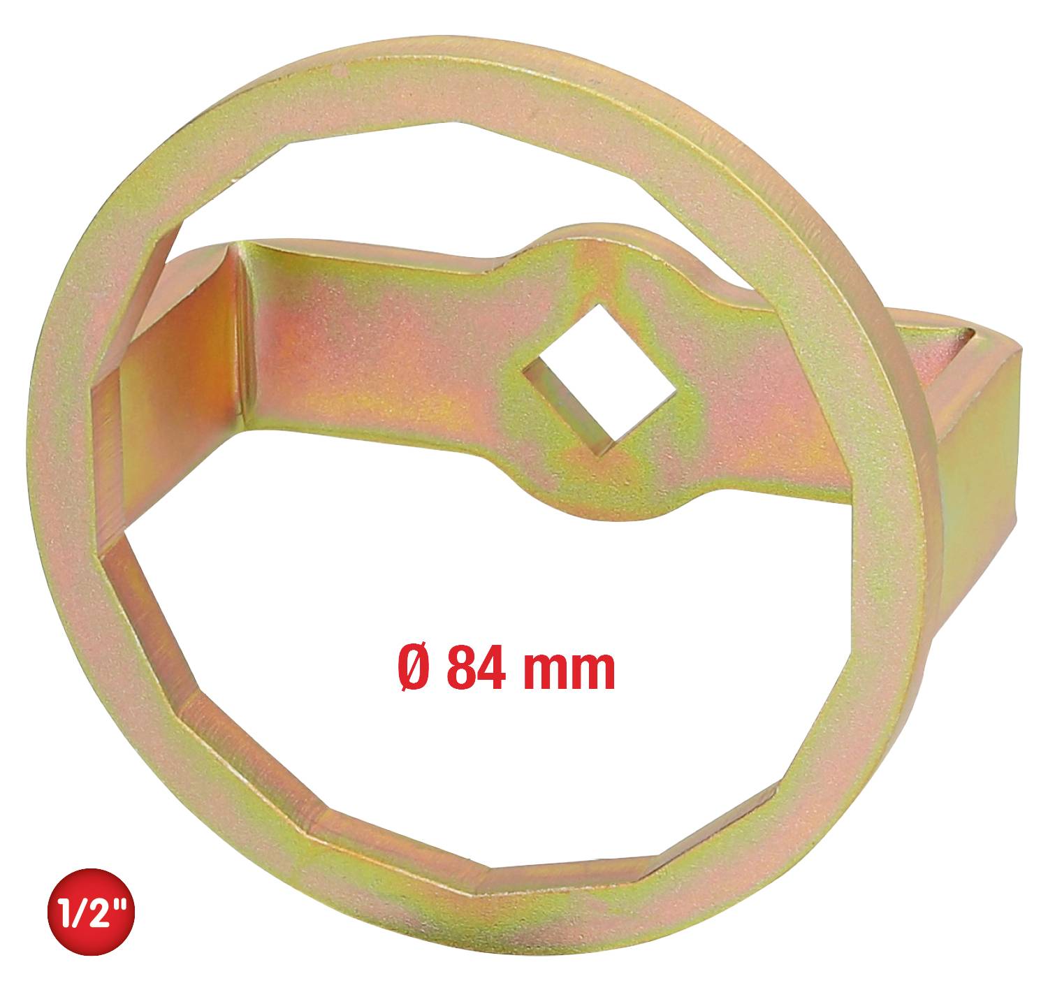 Rond metalen onderdeel met een diameter van 84 mm en een 1/2 inch aansluiting. Bevat een vierkante opening in het midden.