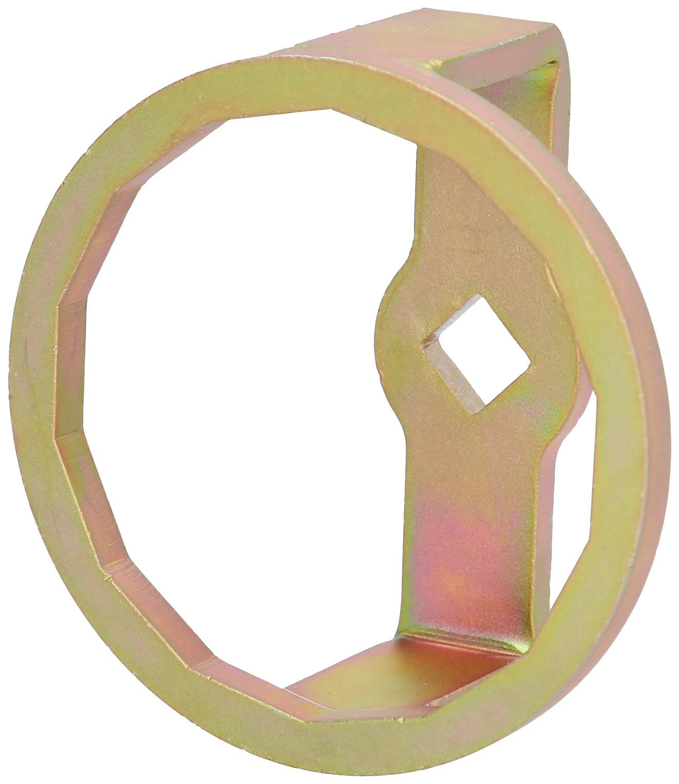 Een ronde, metalen steeksleutelopzetstuk voor het monteren of demonteren van oliefilters.