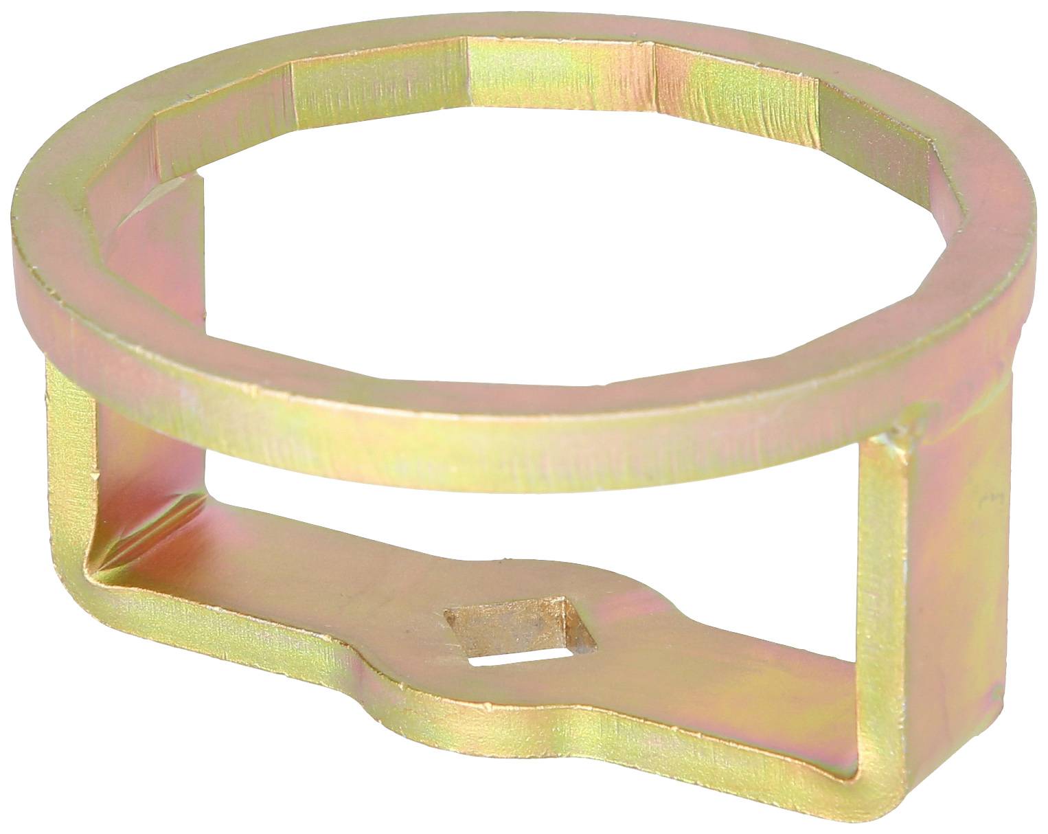Een cirkelvormig metalen gereedschap met hoekige randen en een vierkante opening aan de onderkant, waarschijnlijk bedoeld voor een speciale mechanische toepassing.