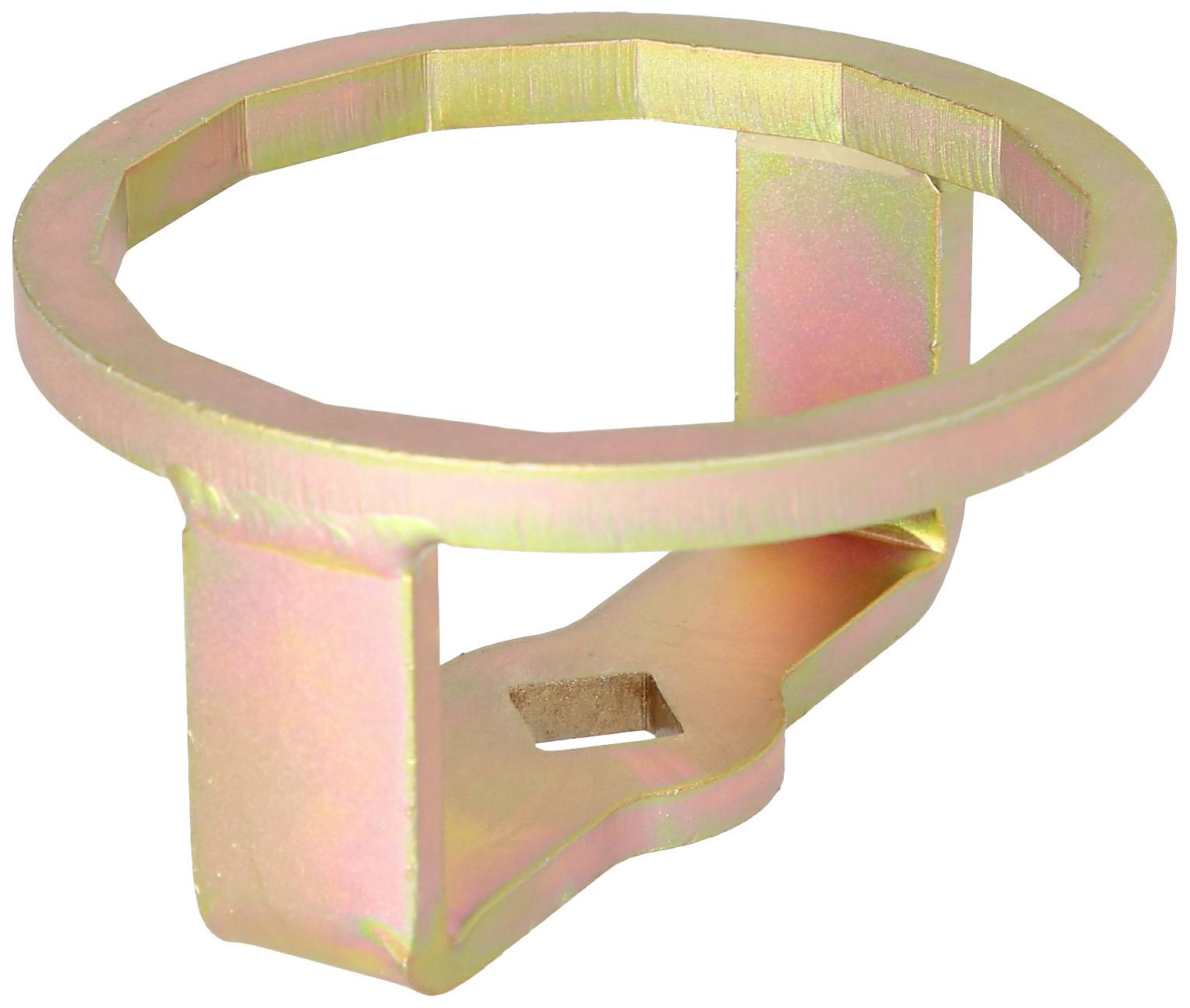 Metalen ring met rechthoekige bevestiging, gebruikt voor technische toepassingen of als bevestigingselement.