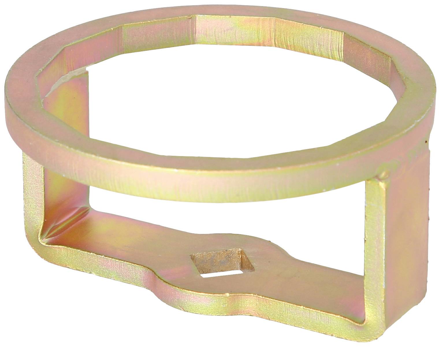 Metalen ring met rechthoekige voet, open bovenrand en centrale vierkante opening, mogelijk een gereedschapsonderdeel.