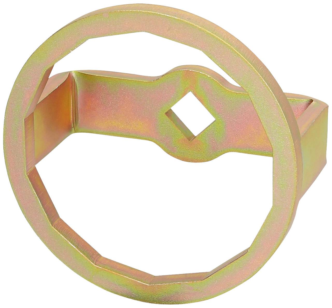 Een metalen steeksleutel met een achthoekige ring en een diamantvormige uitsparing, vermoedelijk bedoeld voor speciale bevestigingsonderdelen.