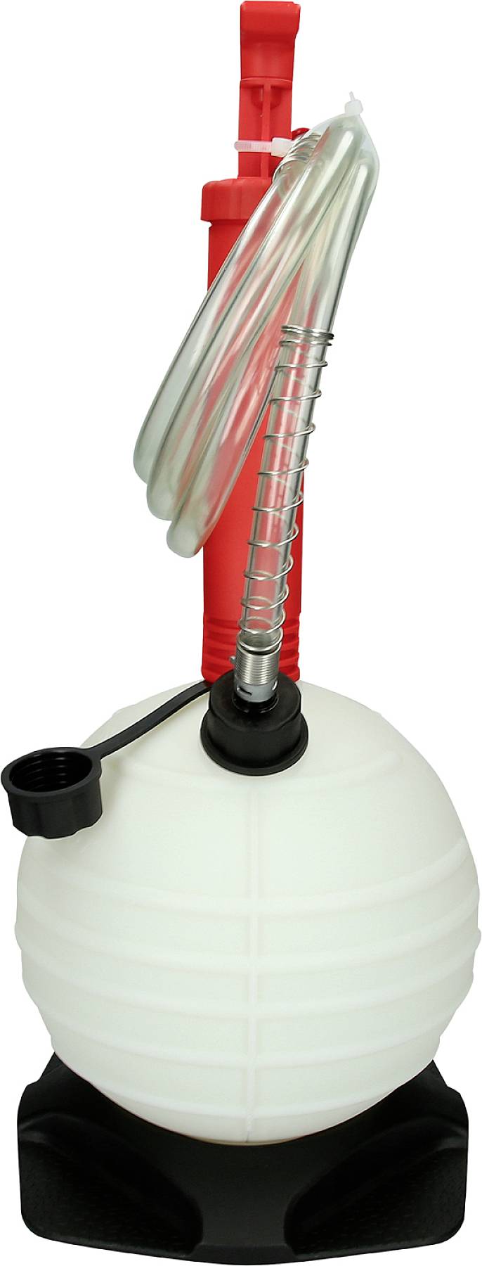 Een handmatige pomp met een rode handgreep, een transparante slang en een witte container. Deze wordt vaak gebruikt voor het oppompen van vloeistoffen.