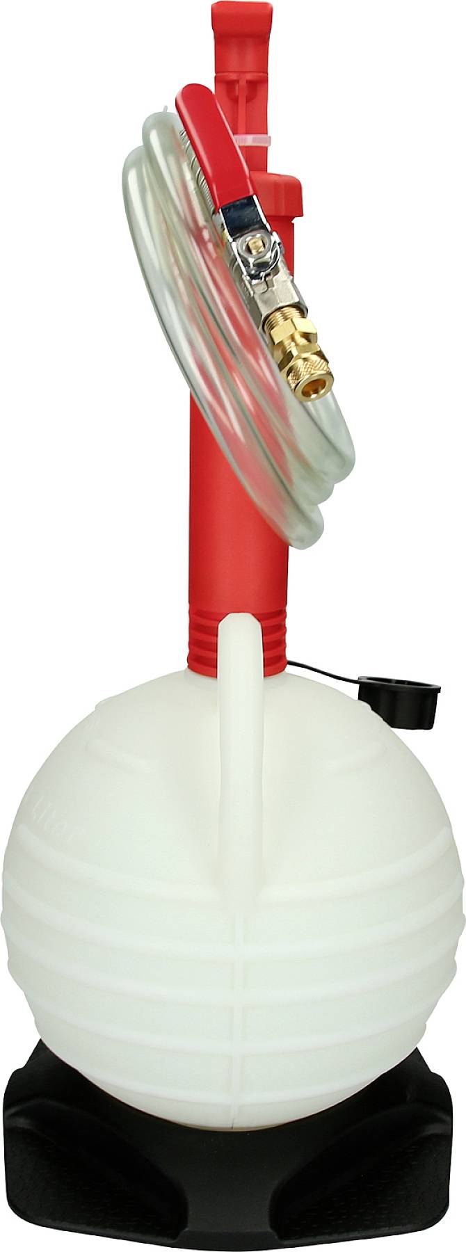 Een witte, bolvormige handpomp met een rode handgreep en een transparante slang, vaak gebruikt voor het vullen van vloeistoffen.