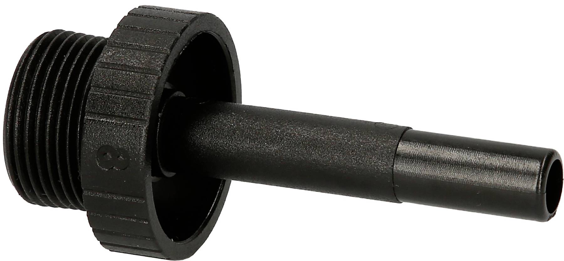 Zwarte kunststof adapter met binnendraad aan de linkerkant en een smalle, cilindrische uitloop aan de rechterkant.