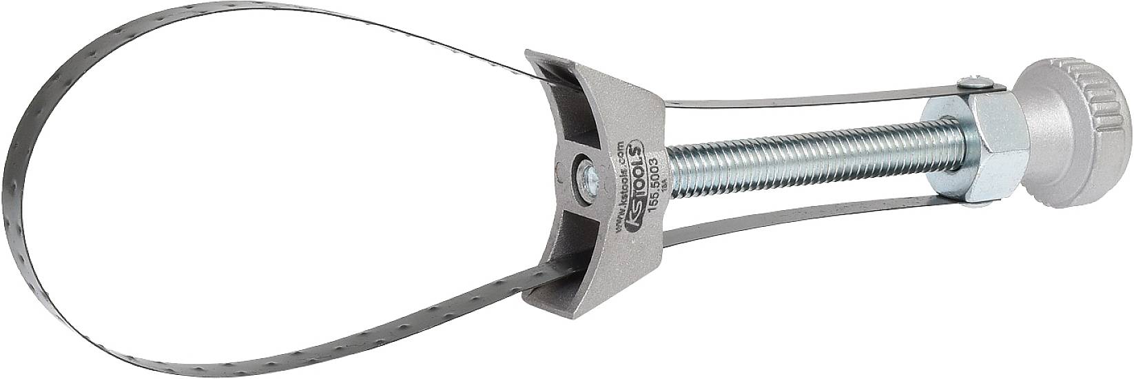 Oliefiltersleutel met verstelbare metalen band en schroefmechanisme voor het verwijderen van oliefilters in verschillende formaten.