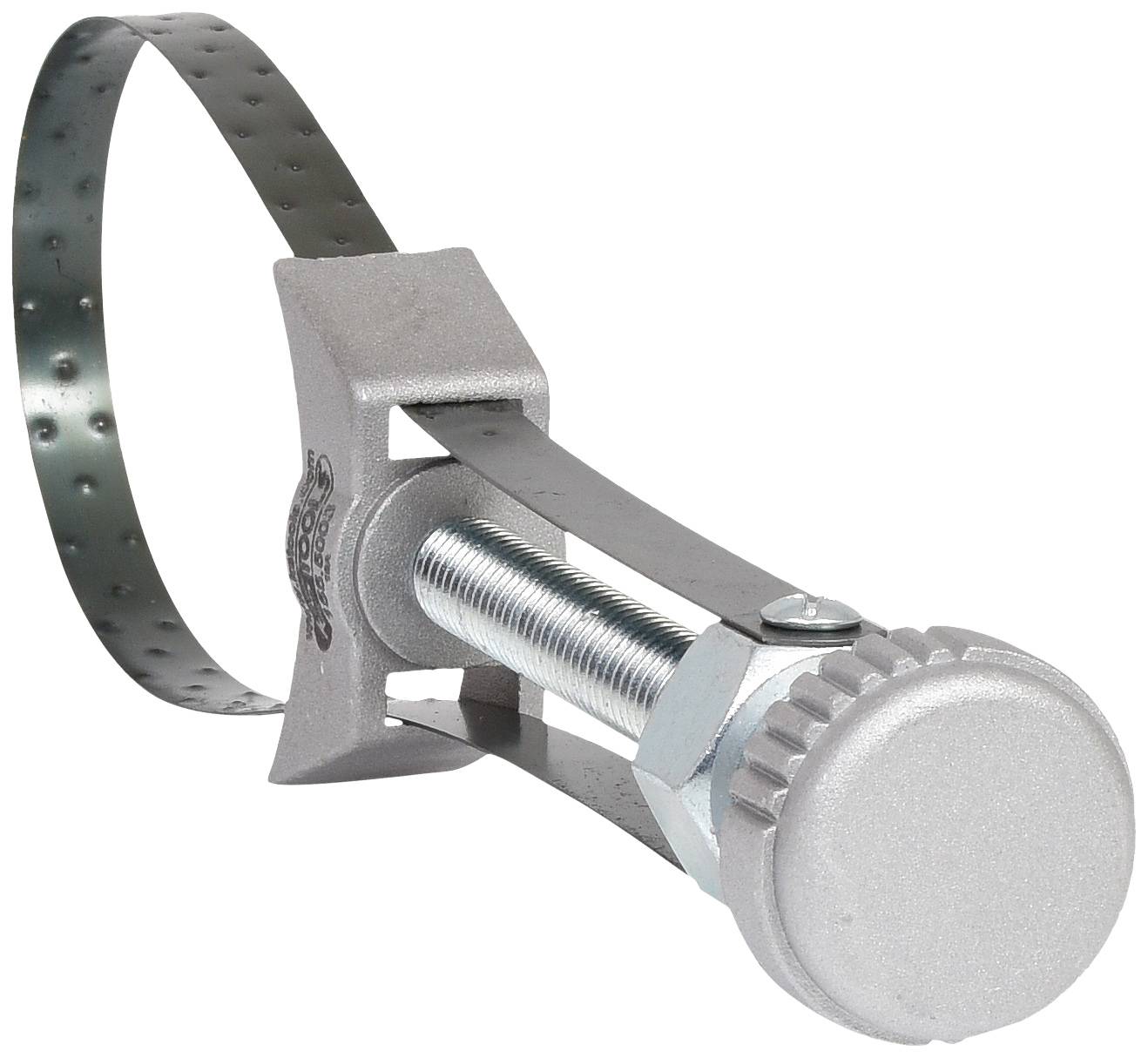 Spangereedschap met een metalen band, een draaimechanisme en een schroef voor het bevestigen van buizen of soortgelijke objecten.