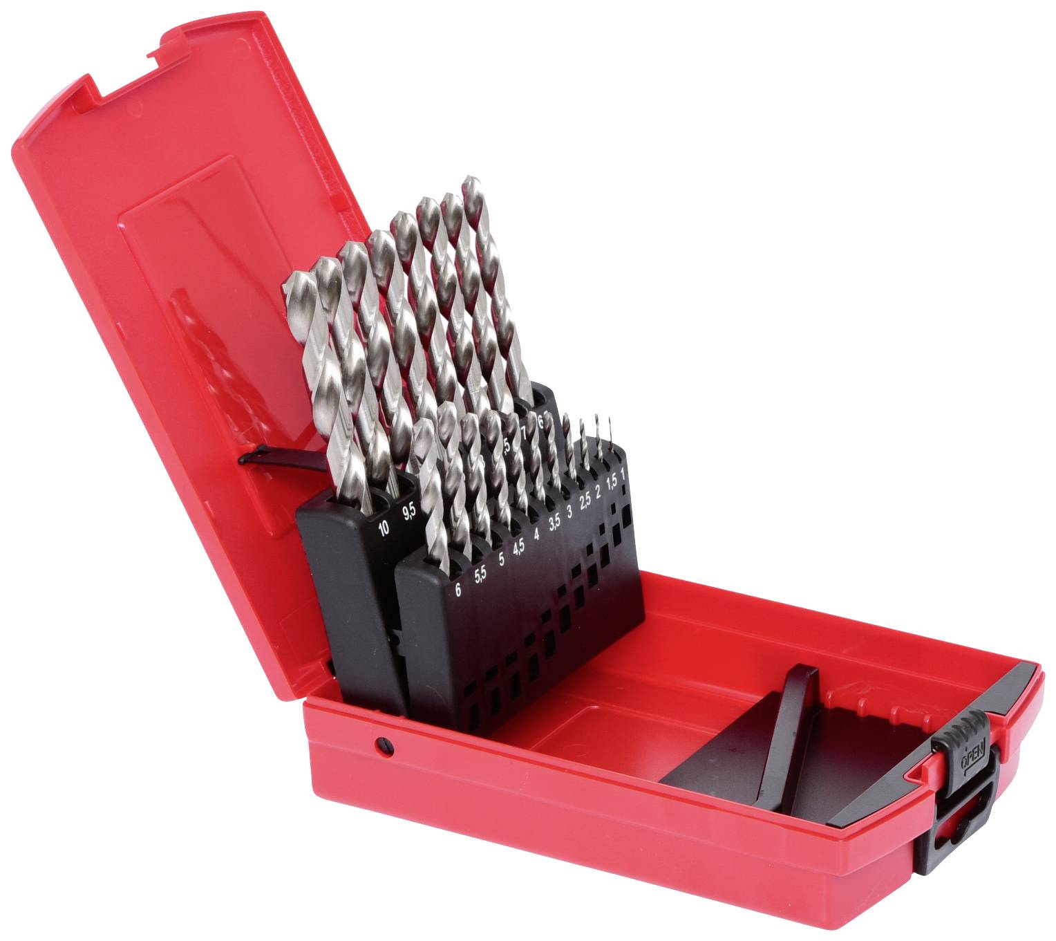 'Rood borenset met open deksel toont verschillende boormaat in een houder gesorteerd.'