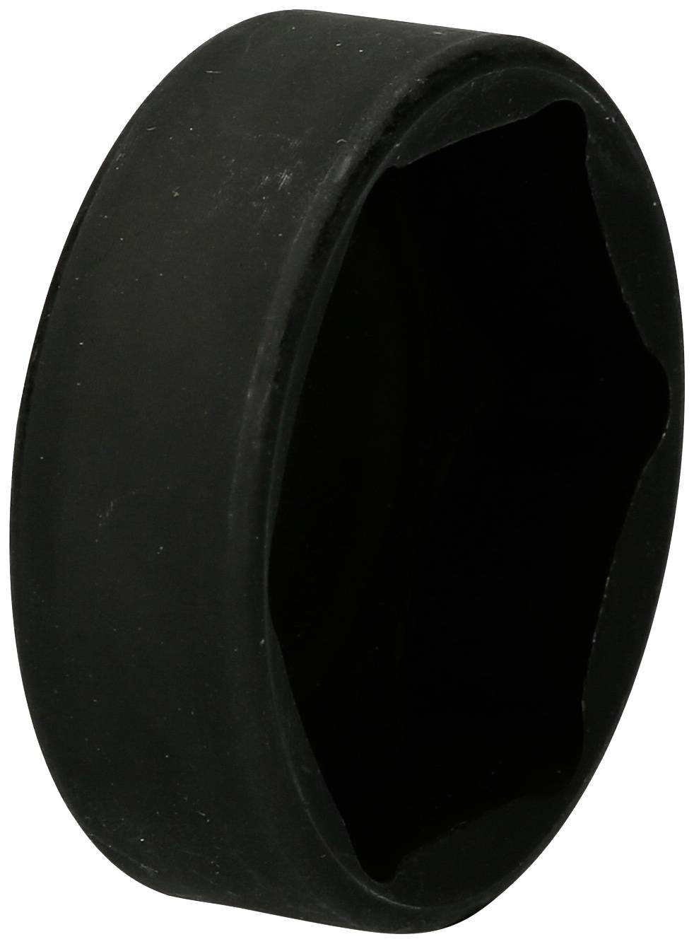 Zwarte, ronde rubberen stootbuffer, gebruikt als beschermings- of dempingselement in mechanische toepassingen.