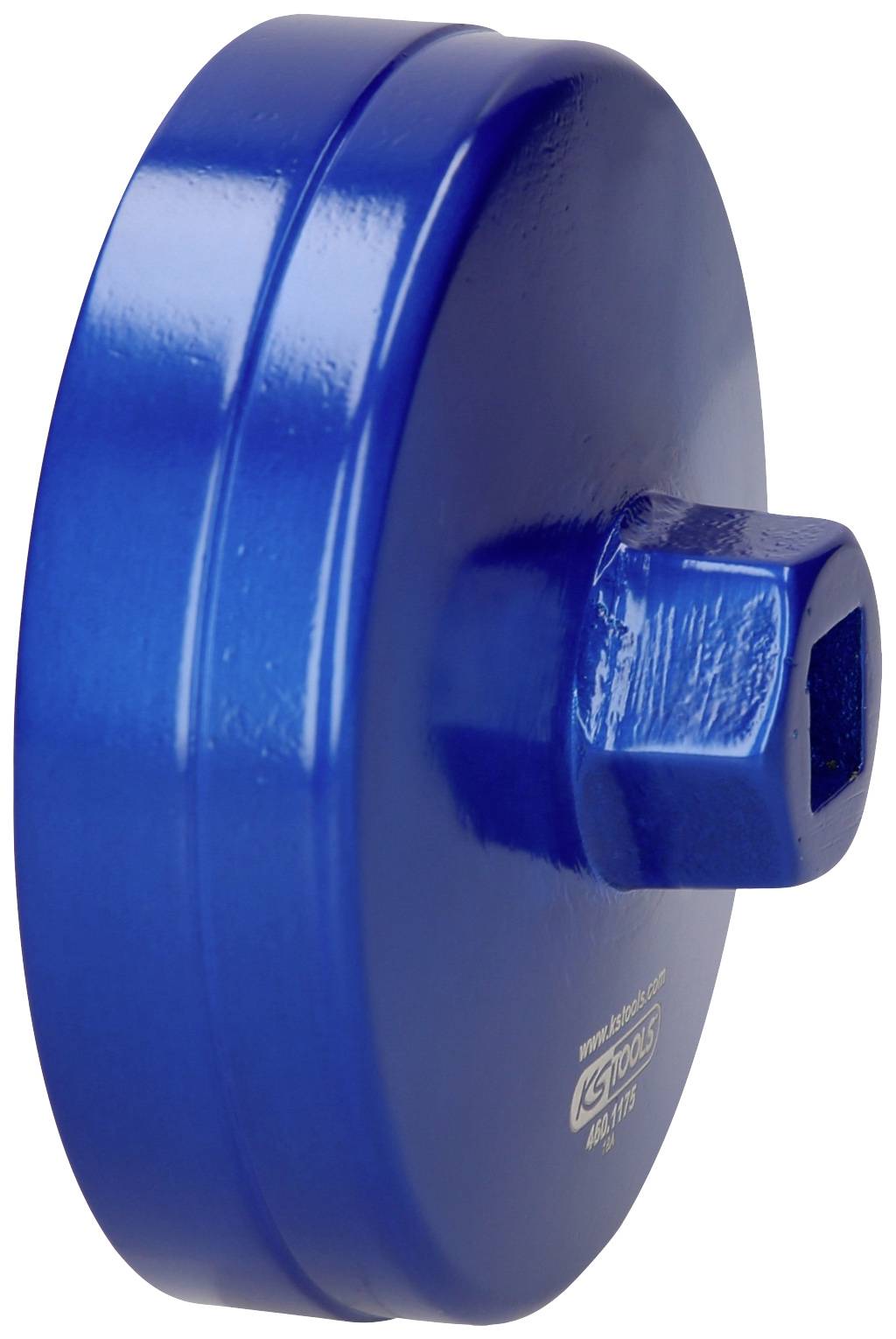 Blauw, cilindrisch, metalen onderdeel met een vierkante opening aan de zijkant.
