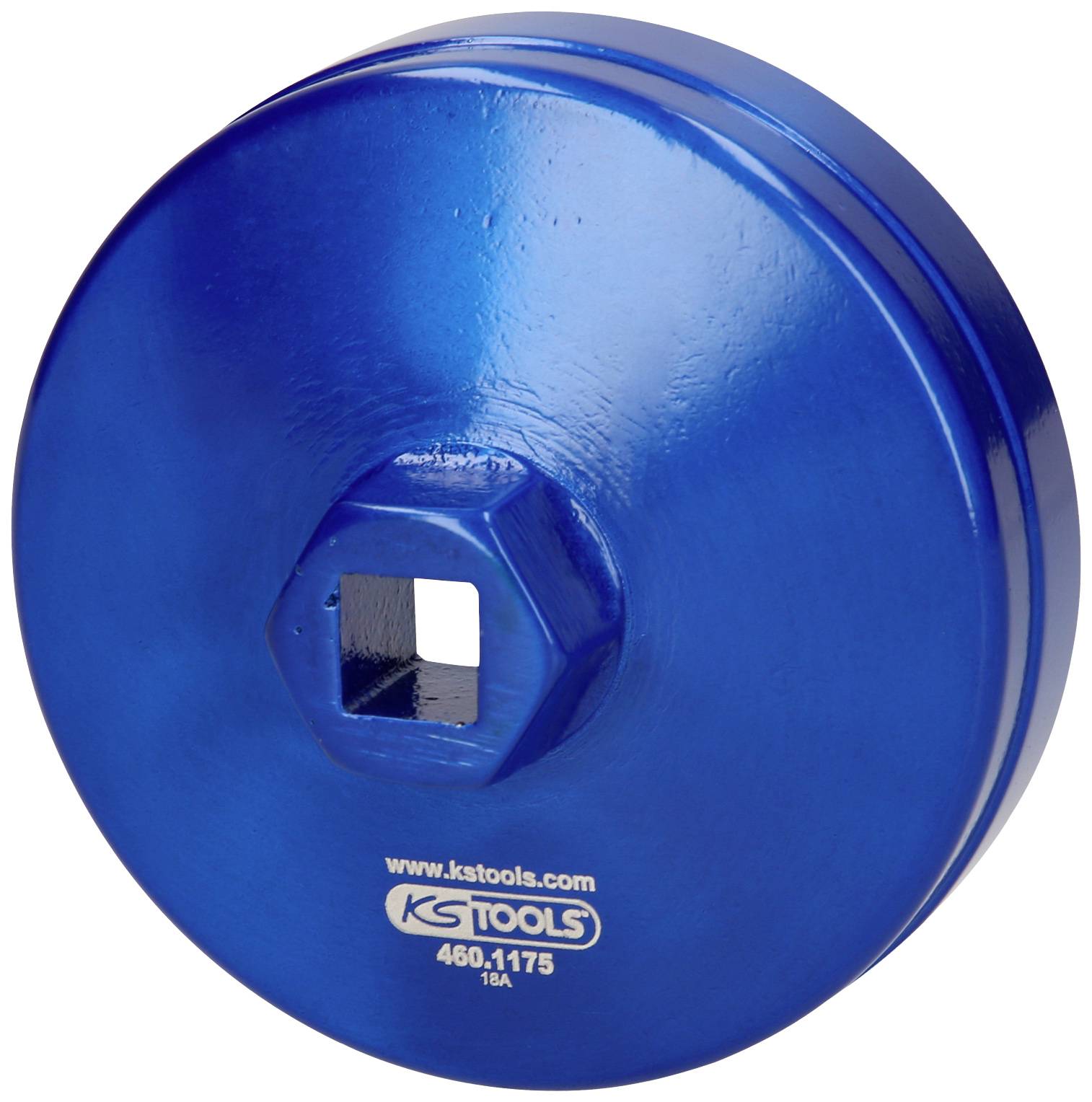 Blauwe dopsleuteladapter van KS Tools, rond met vierkante uitsparing in het midden; geschikt voor montage van wielbouten.