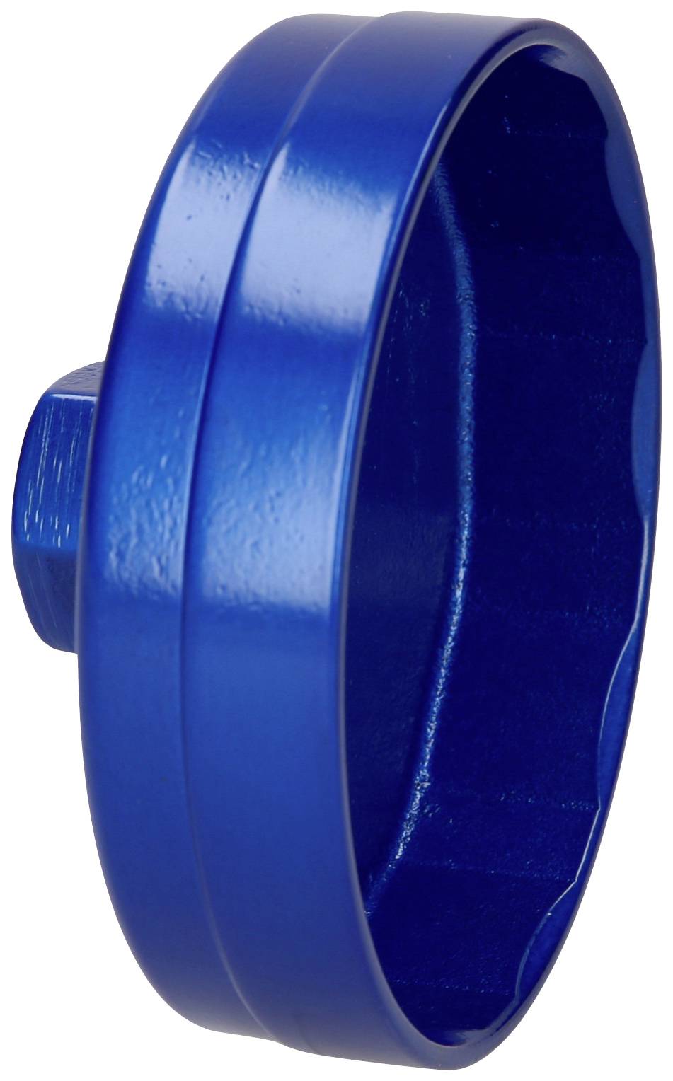 Blauwe, ronde metalen voorwerp met een gegolfd randje en een centrale verhoging. Mogelijke toepassing als gereedschap of bevestigingsonderdeel.