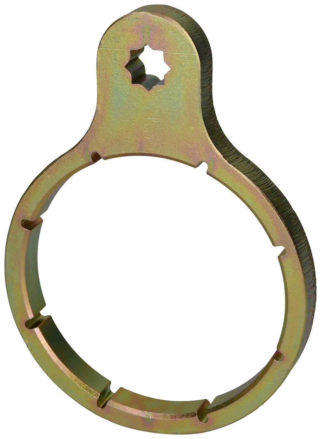 Een cirkelvormig metalen gereedschap met een kleine zeshoekige opening bovenaan en verschillende inkepingen langs de rand van de cirkel.