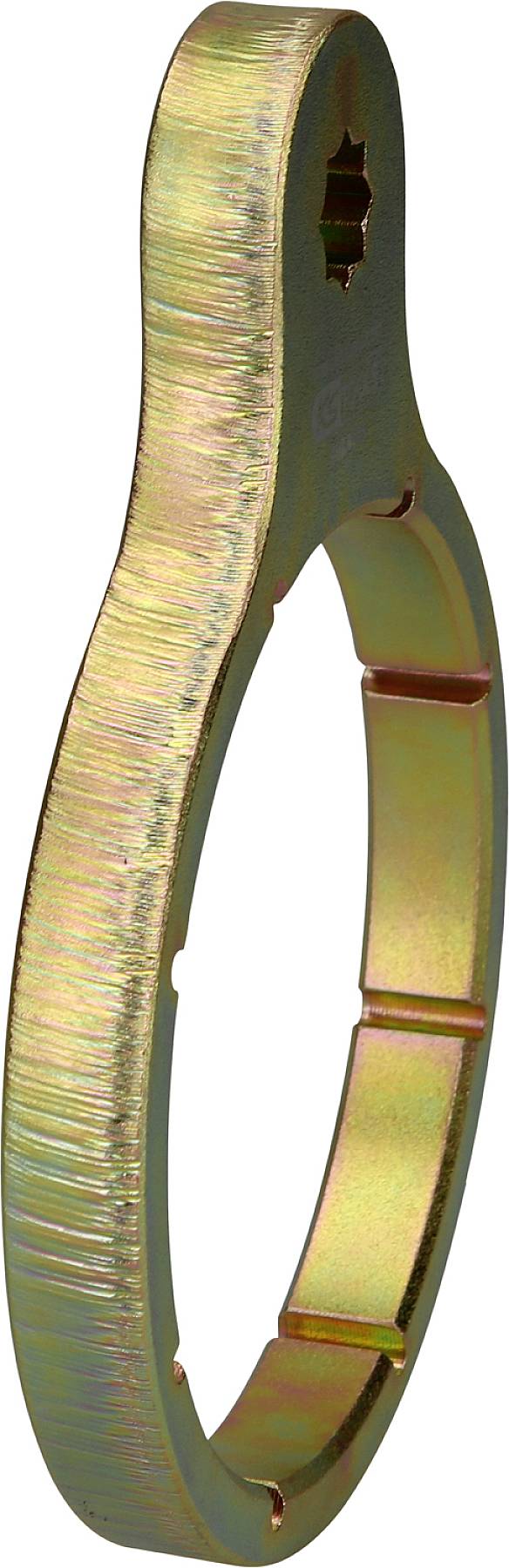 Een metalen speciaal gereedschap met een ringvormig ontwerp, glad glanzend, lijkt geschikt voor specifieke technische toepassingen.