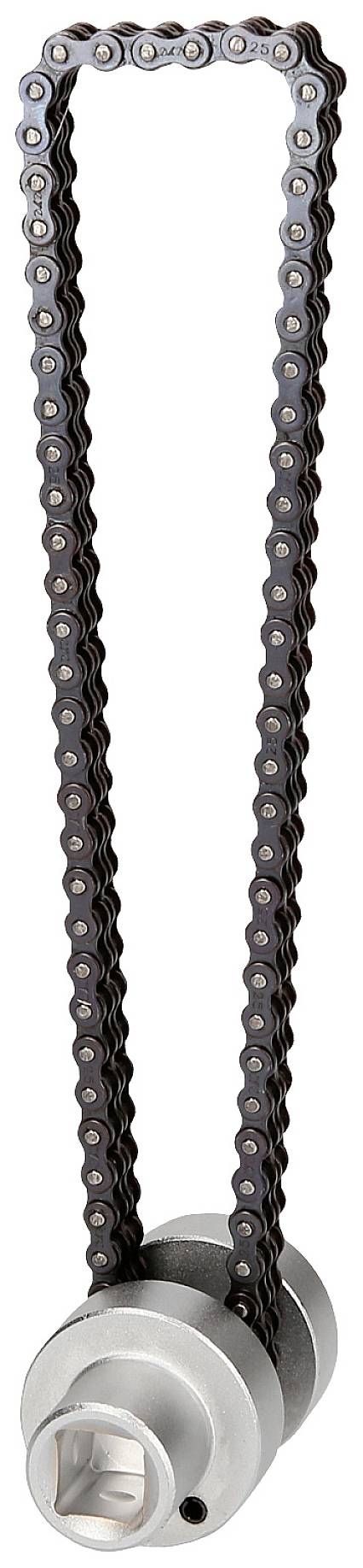 'Trekker met kettingen', een gereedschap voor het verwijderen van onderdelen met vastgeklemde rollenkettingen. Bestaat uit twee ronde schijven en een ketting.