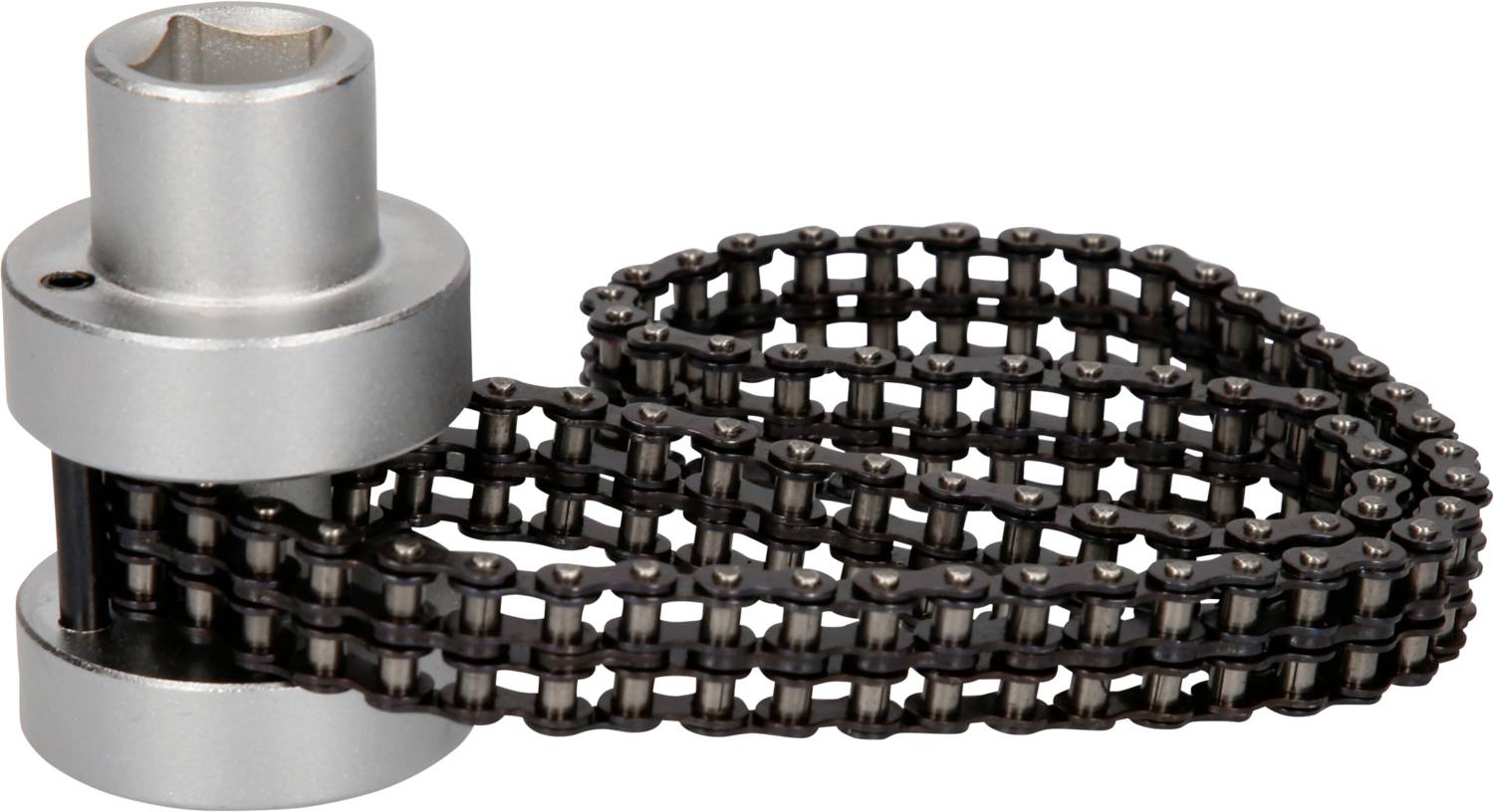 Metalen gereedschap met een ketting, vergelijkbaar met een kettingbus, zichtbaar. Dient voor het bevestigen of losmaken van onderdelen.