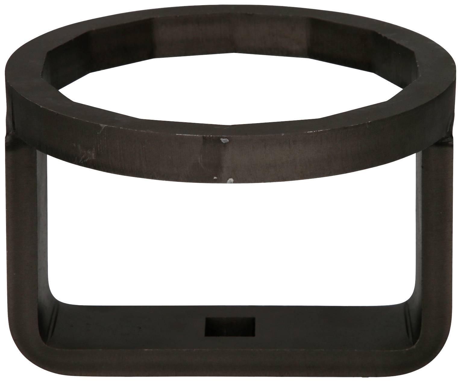 Metalen ring met achthoekige vorm en twee verticale steunen, gebruikt ter ondersteuning van voorwerpen of als industrieel onderdeel.