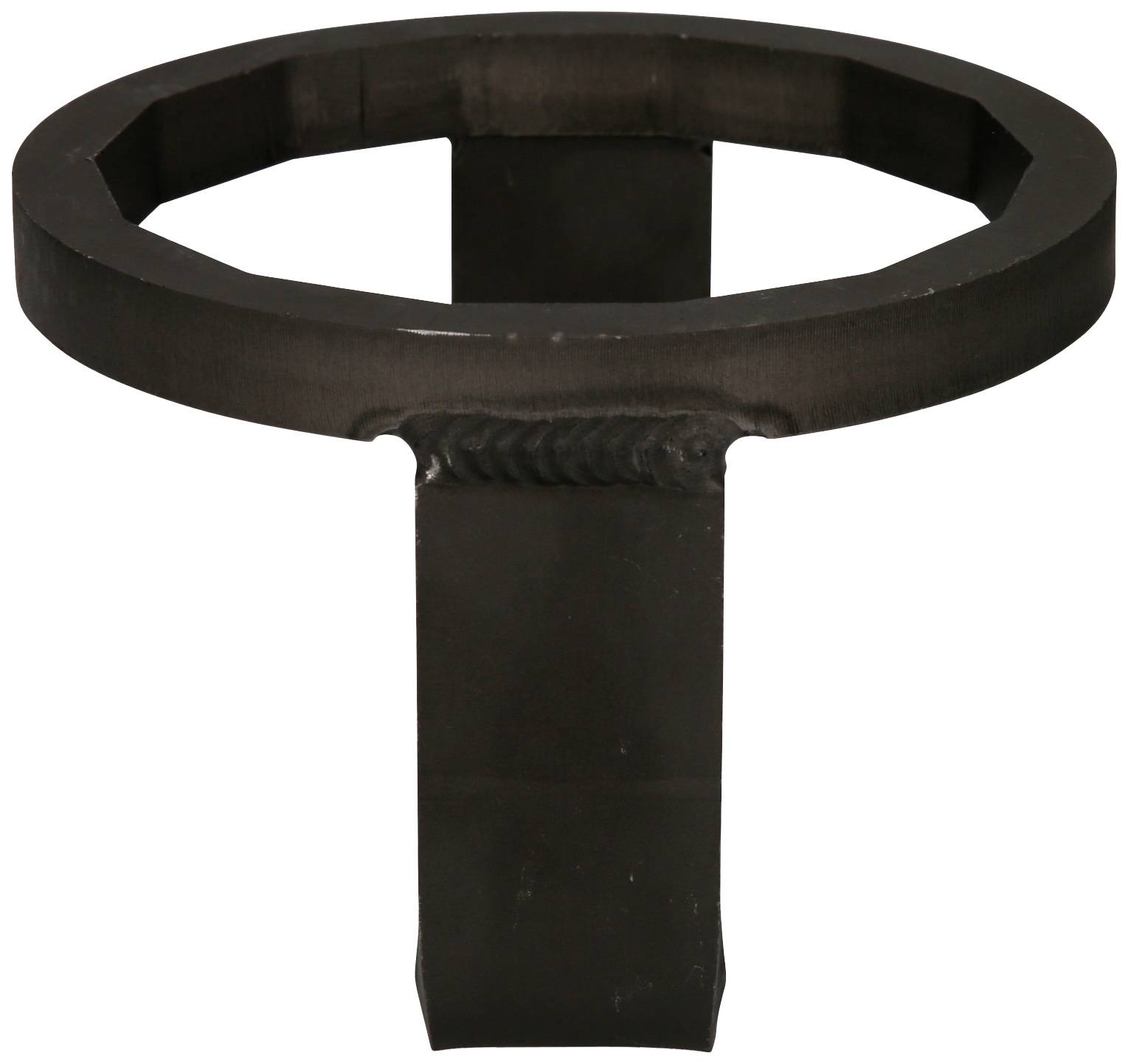 Een metalen ring in donkere kleur, bevestigd op een rechtopstaande, rechthoekige standaard.