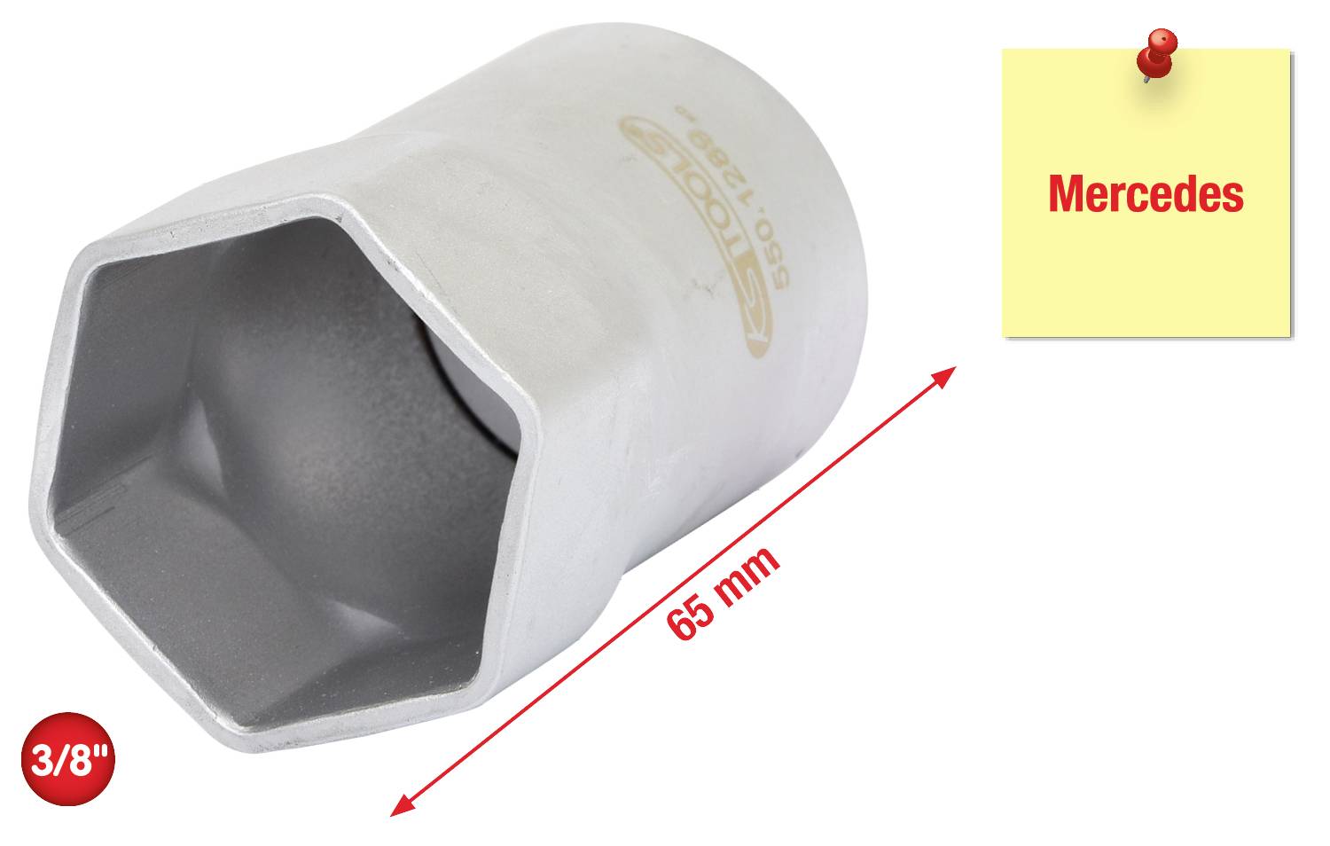 'Onderdeelnaam: zilveren, vijfhoekige dopsleutel met 65 mm lengte, 3/8 inch aansluiting.'