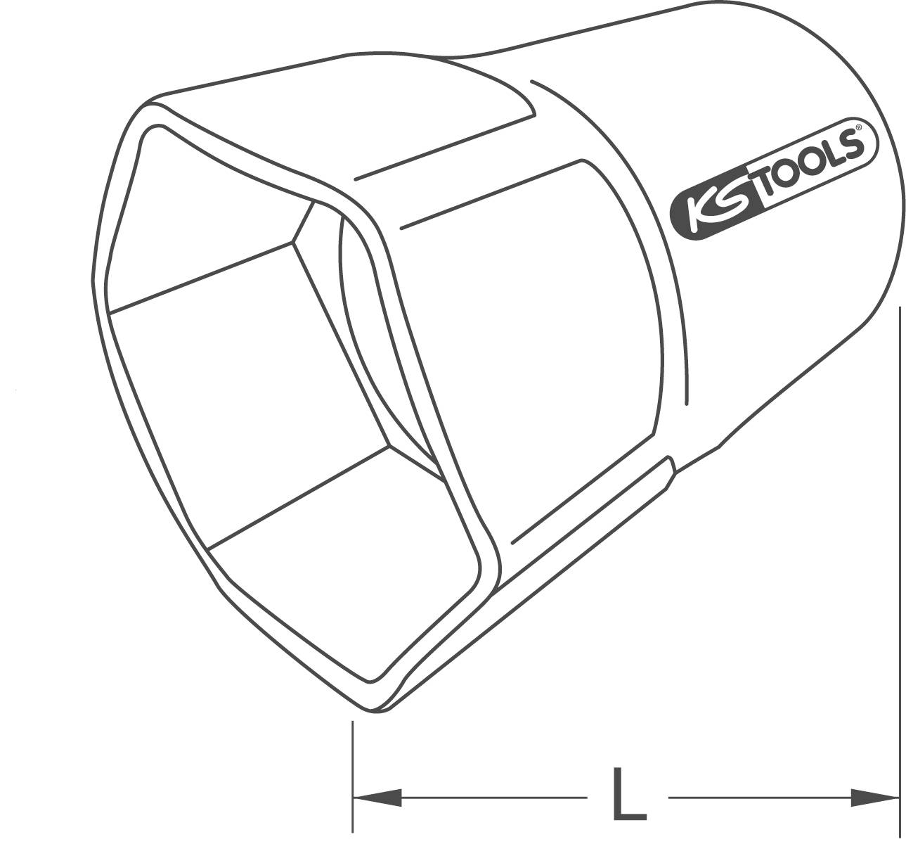 Afbeelding van een zeskant dopsleutel van 'KS TOOLS' met lengtemaatmarkering 'L'.