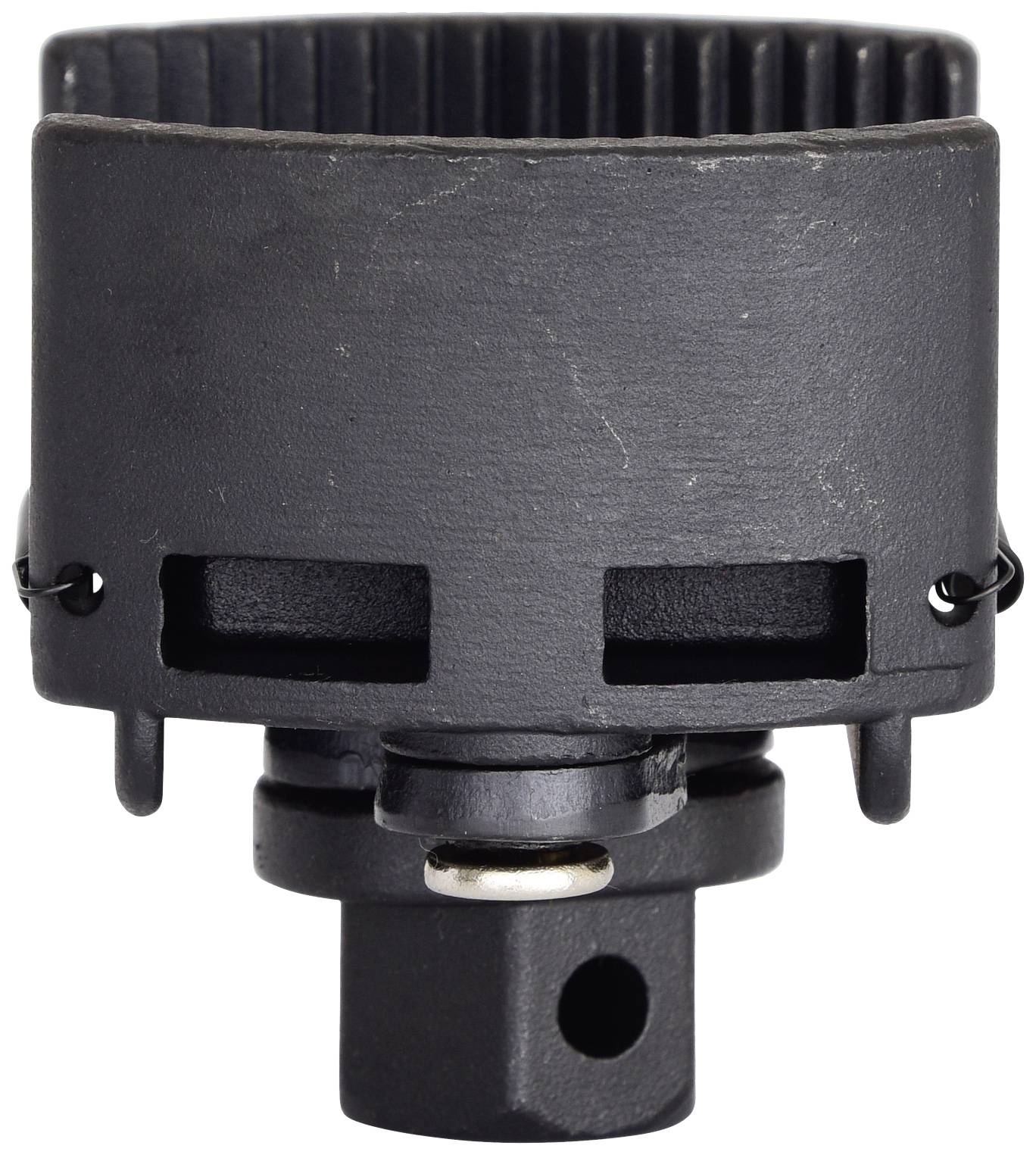 Een zwart mechanisch onderdeel met een cilindrische vorm en meerdere gaten, mogelijk een onderdeel van een gereedschap of machine.